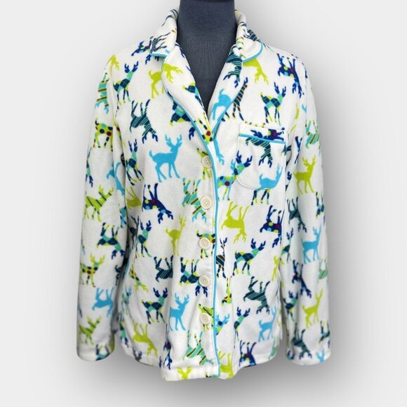 Joe Fresh Fleece Pajama Top Women’s Medium Reindeer Print Button Front Long - Picture 1 of 6